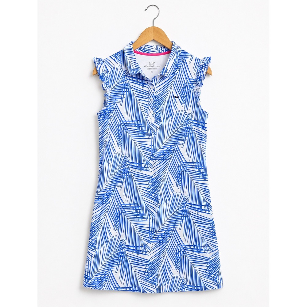 Vineyard Vines Performance Ruffle Polo Dress Blue White Palm Leaf Print Medium